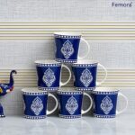 Elegant and Durable – Femora Block Print Ceramic Coffee & Tea Cup Set of 6 (160 ML, Blue)