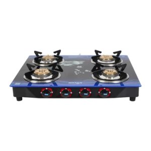 MILTON Premium 4 Burner Blue Manual Ignition Glass Top Gas Stove, (ISI Certified)