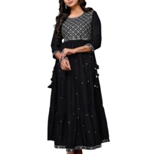 rangita Black Rayon Ankle Length Embroidered Tiered Flared Kurti | Kurta for Women_3XL