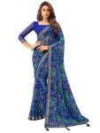 Elegant Charm with Modern Grace – AKHILAM Women’s Chiffon Blue Embellished Designer Saree