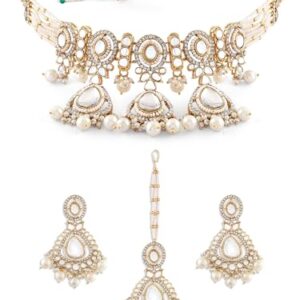 ZAVERI PEARLS Gold Tone Dazzling Stones Multistrand Beaded Choker Necklace Earring & Maangtikka Set For Women-ZPFK17788