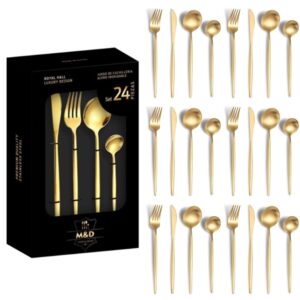 KitchAntique Aurum Gold Silverware Set | Satin Finish French Style 24-Piece Stainless Steel Flatware Set with Giftable Box | Dishwasher Safe Tableware for Home, Restaurant & Corporate Gifting