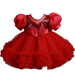 Niren Enterprise Rollar Frock net Embroidery Work Ruffle Patterned Flared Short Sleeve Girl Frock, Pack of 1 (Maroon, 3-4 Years)