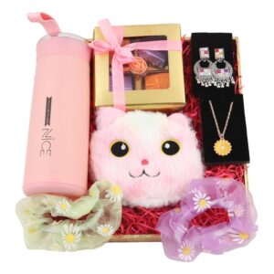 Rakshabandhan gift for sister/rakhi gift for sister combo-decorated tray+box of chocolates+glass water bottle+2 net scrunchies+pair of silver earrings+cute kitty bag+daisy pendant+Card,800g