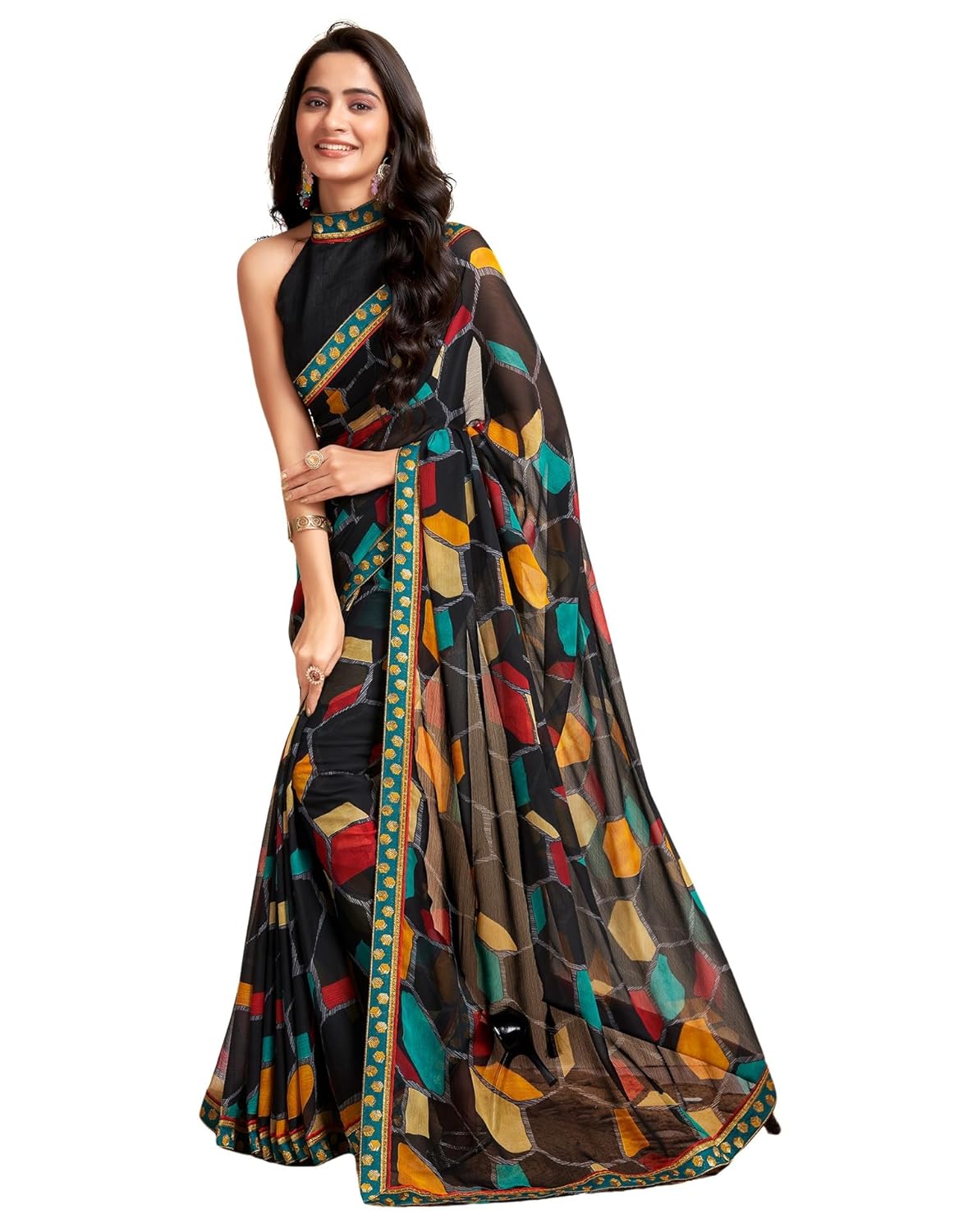 SIRIL Women's Lace & Printed Chiffon Saree with Blouse