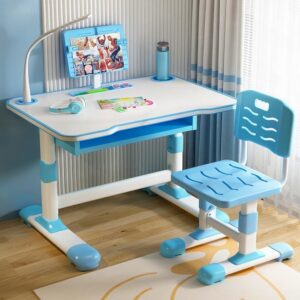 StarAndDaisy Kids Study Table Functional Desk Chair Set 3-12years Boys Girls/Kids Chair & Table with Height Adjustable/Study Table with Bookholder, Lamp, Storage Box (K80-Blue-)