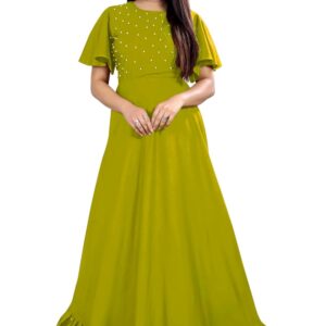 Women's Rayon Solid with Beads Work Half Sleeve Round Neck Ethnic Wear Long Flared Gown | Casual Maxi Fit and Flare Dress Gown