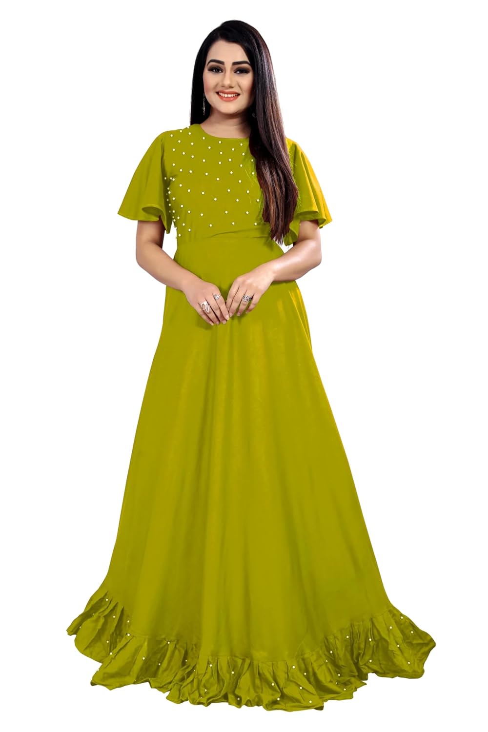 Women's Rayon Solid with Beads Work Half Sleeve Round Neck Ethnic Wear Long Flared Gown | Casual Maxi Fit and Flare Dress Gown