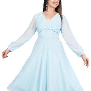 Yash Gallery Women’s Georgette Fit & Flare Midi Dress with Sheer Long Sleeves, Ruched Bust & V-Neck – Ice Blue
