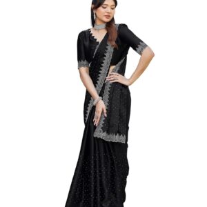 Yashika Women's Hot Fix Work and Solid Color Satin Moss Saree With Unstitched Blouse Material