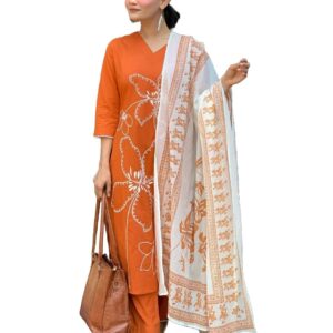 Alvami Women Straight Silk Kurta and Pant Set with Dupatta (Masuri_Orange_XL)