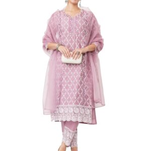 Amazon Brand - Myx Women's Embroidered Cotton Kurta Pant Set with Organza Dupatta (Available in Plus Sizes)