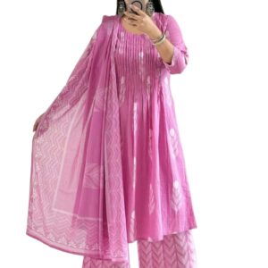 Anni Designer Pure Cotton Light Pink A-Line Kurta Pant Set with Dupatta for Women | 3 Piece Pintuck Style Hand Block Print Suit Set | Festive Kurti Set for Women