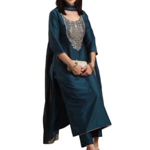 GoSriKi Women's Rayon Viscose Embroidered Straight Kurta with Pant & Dupatta