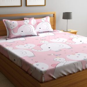 Home Sizzler 144TC Kid's Elephant & Kitty Double Bedsheet with 2 King Size Pillow Covers