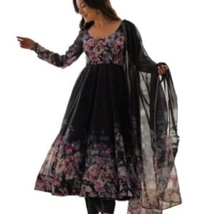 KD Women's Floral Print Anarkali Kurta Set with Pant and Dupatta, Georgette, Full Sleeves, Asymmetric Hemline