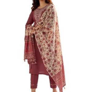 Pantos Women's Cotton Silk Kurta Set with Chanderi Dupatta | Embroidered Round Neck Kurti with Printed Border | Ethnic Suit Set for Festive &