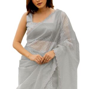 Subham Women's Net Woven Checks Saree with Blouse Piece