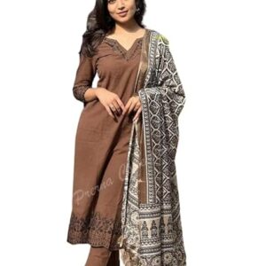 Women Pure Cotton Embroidery Straight Kurti with Pant & Dupatta Set (Brown)