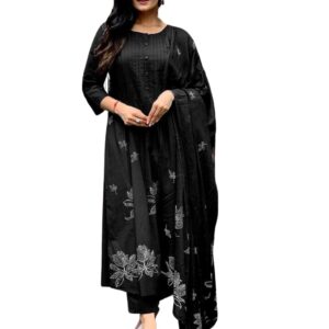 Women’s Cotton Embroidered Floral Printed Long Straight Kurti with Pant & Dupatta Set | Ethnic Wear Suit for Women & Girls | Comfortable Festive Indian Outfit