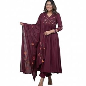 Women's Cotton Embroidered Long Anarkali Kurti With Pant and Dupatta Set